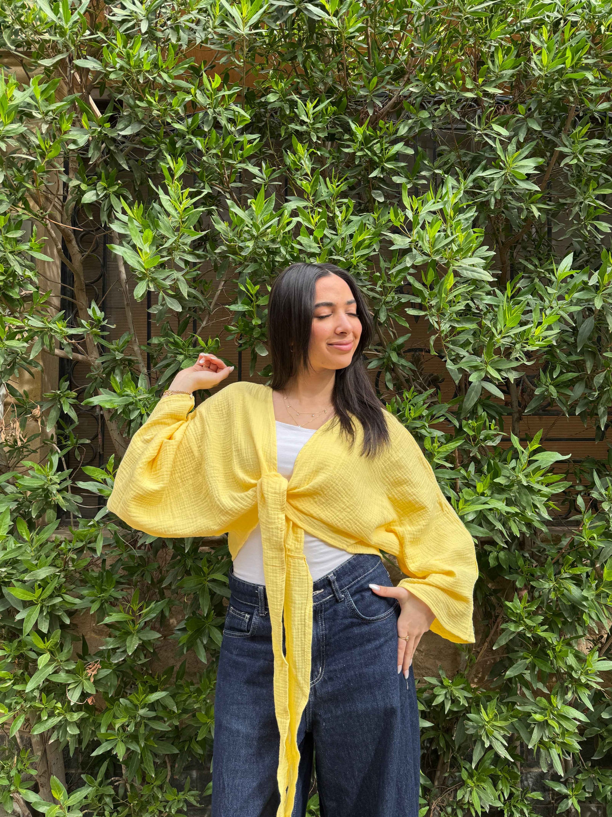 Ocean Breeze Cardigan – soft yellow textured tie-front cardigan with flowy wide sleeves, for a fresh effortless summer look.